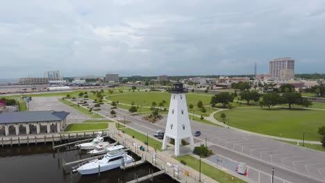 Aerial-shot-of-a-lighthouse-stands-tall-at-a-beach-park-on-the-edge-of-the-Gulf-of-Mexico