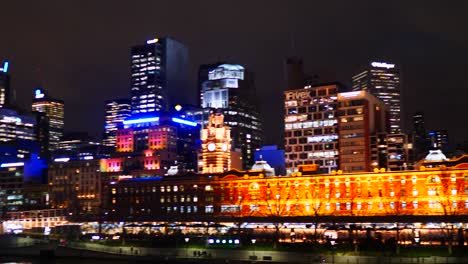 Melbourne-CBD-skyline-view-at-nighttime-from-southbank,-yarra-riverside-nighttime,-Melbourne