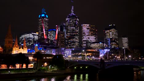 Melbourne-CBD-skyline-view-at-nighttime-from-southbank,-yarra-riverside-nighttime,-Melbourne
