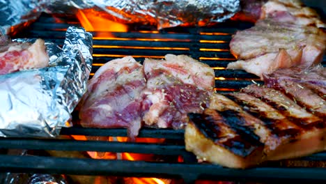 Grilled-Korean-BBQ-party-outside-during-camping-on-old-BBQ-set-Cook-Korean-Pork-belly-on-BBQ-grill-outside-for-camping