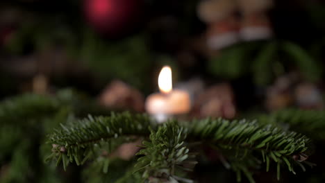 Eine-Kerze-Auf-Einem-Weihnachtsbaum,-Dolly-In-Von-Verschwommen-Bis-Scharf,-4k-Apple-Prores422