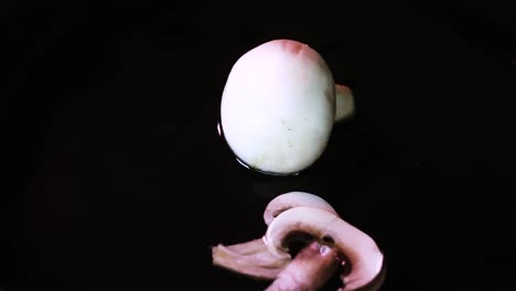 Mushroom-slices-splashed-by-other-pieces-on-a-liquid-surface-with-water-on-dark-background-in-slow-motion