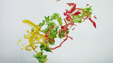 Slow-Motion---Shot-of-freshly-cut-salad-flying-through-the-air-in-front-of-a-white-background