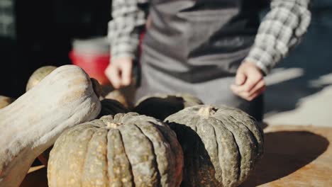 Slow-motion-shot-of-a-farmer-placing-pumpkins-on-a-wooden-table