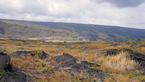 Vista-En-Cámara-Lenta-De-Las-Laderas-De-Uno-De-Los-Volcanes-En-La-Isla-De-Hawaii-Con-Escasa-Vegetación-De-Tundra-Y-Cielos-Nublados
