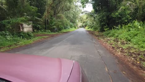 Lapso-De-Tiempo-De-Una-Carretera-De-Playa-En-Un-Coche-Local-En-La-Isla-Grande-De-Hawaii-Con-árboles-De-Pam-Y-Una-Exuberante-Vegetación-Tropical-Que-Bordea-La-Carretera