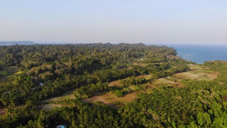 Vista-De-Drones-Que-Se-Eleva-Lentamente-De-La-Isla-De-Andaman-Con-El-Mar-De-Andaman-En-El-Fondo-Y-Tierras-De-Cultivo-En-Primer-Plano-Con-Pequeñas-Granjas,-Bosques-Y-Campos