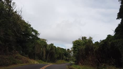 Ein-Zeitraffer-Einer-Fahrt-Entlang-Einer-Tropischen-Strandstraße-In-Hawaii-Mit-Wolken-Und-Verschiedenen-Baumarten