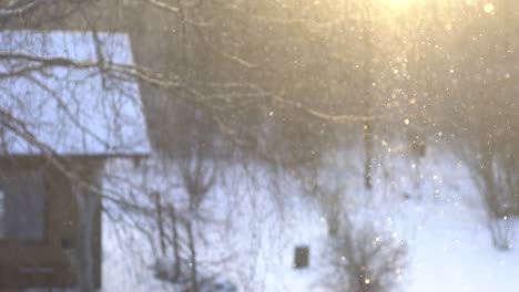 Schneekristalle-Fliegen-Im-Gelben-Morgensonnenlicht-Mit-Ästen-Und-Schneebedecktem-Haus-Im-Hintergrund