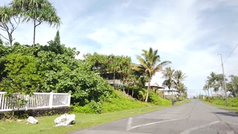 Fahrt-Durch-Wohngebiete-Von-Big-Island-Hawaii-Mit-Strahlendem-Sonnenschein-Und-Palmen,-Die-Die-Straße-Säumen