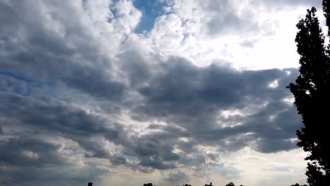 Zeitraffer-Einer-Wolkendecke,-Die-Sich-über-Berlin-Bewegt,-Mit-Einer-Pappel,-Die-Sich-Sanft-Im-Wind-Bewegt,-Im-Vordergrund