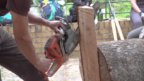 Man-using-a-chainsaw-to-split-through-a-piece-of-wood-with-onlookers-behind-on-a-summer-day