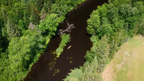 Tracking-drone-shot-of-a-male-kayaker-slowly-paddling-through-a-beautiful-river-surrounded-by-lush-green-forest-in-the-rural-outdoors-of-Canada