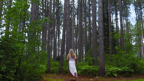 Beautiful-young-blonde-women-running-in-slow-motion-in-a-beautiful-pine-forest-in-the-countryside-of-Canada