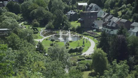 View-of-the-fountains-in-the-park-Le-parc-de-rompré-in-La-Roche-en-Ardenne,-Ardennes,-Blegium,-Europe,-4K,-25fps