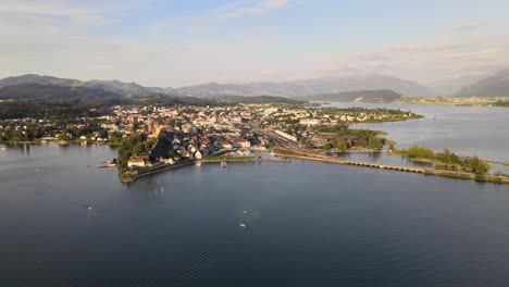 Aerial-drone-shot-flying-backwards-showing-Rapperswil-on-a-summer-evening