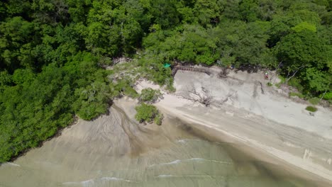 Aerial-lowering-on-sand-shore-surrounded-by-dense-green-woods-near-sea-in-Nacascolo-beach,-Papagayo-Peninsula,-Costa-Rica