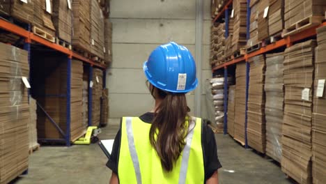 An-employee-walking-through-the-storage-area-of-a-warehouse,-inspecting-the-shelves-while-carrying-a-touchpad,-ready-to-take-notes