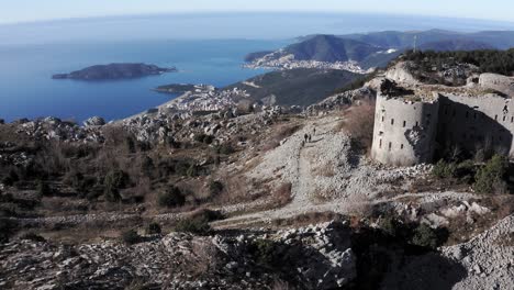 AERIAL---Fort-Kosmac-and-the-Adriatic-Sea,-Montenegro,-pan-right
