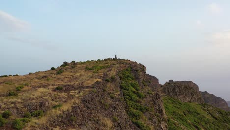 Aerial-View-of-Mountain-Peaks-and-Countryside-Landscape-of-Madeira-Island,-Portugal,-Revealing-Drone-Shot