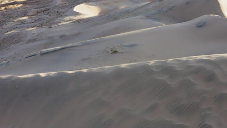 Panning-wide-drone-shot-focusing-on-huge-dune-crest-of-giant-dry-desertic-landscape