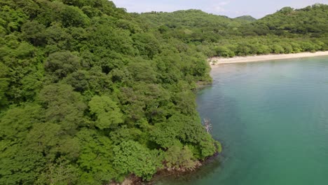 Aerial-truck-right-of-dense-green-rainforest-hillside-coast-revealing-turquoise-sea-in-Nacascolo-beach,-Papagayo-Peninsula,-Costa-Rica