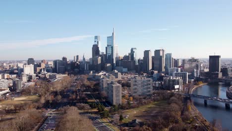A-beautiful-aerial-shot-of-the-Philadelphia-skyscraper-skyline-and-Liberty-Place,-Pennsylvania