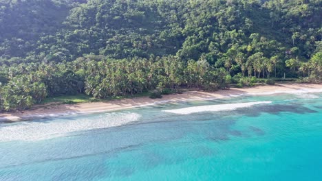 Unberührte-Tropische-Küstenlinie-Der-Dominikanischen-Republik-Playa-Coson,-Türkisfarbenes-Wasser,-Antenne