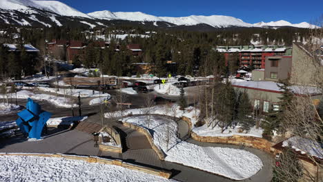 Panorama-of-the-snow-covered-town-of-Breckenridge,-Colorado,-United-States---drone-shot