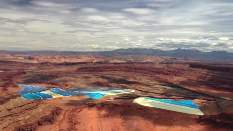 Potash-Evaporation-Ponds-And-Cliffs-In-Moab,-Utah---aerial-drone-shot
