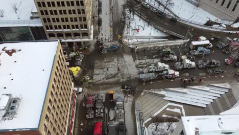 Truckers-protest-over-vaccine-mandate-in-downtown-Ottawa,-Canada-Trucks-Blocking-street-January-2022-Aerial-view