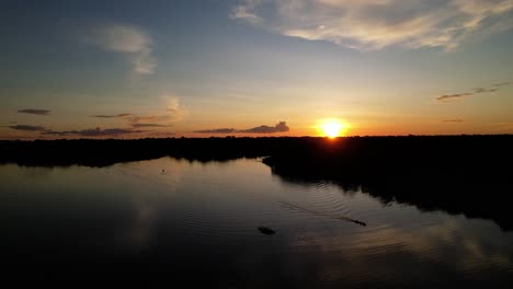 Aerial-view-of-the-sunset-at-the-Amazon-river-in-Colombia