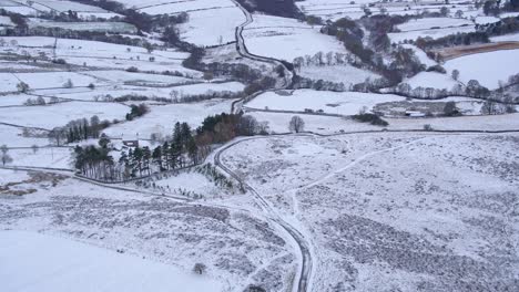 North-York-Moors-winter-landscape-aerial-drone-reveal-from-close-to-Castleton-towards-Westerdale---winter-cold-and-snowy