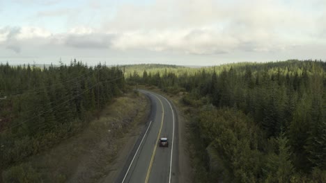 Toma-De-Drones-De-Un-Camión-Gris-Conduciendo-Por-Una-Carretera-En-Medio-De-Un-Bosque-En-Un-Día-Nublado-En-4k