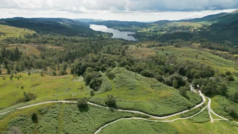 Aerial-footage-of-Tarn-Hows-Lake-District-National-Park-England-uk-on-a-beautiful-sunny-summer-day