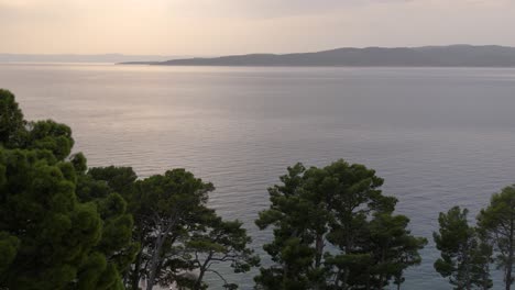 Waves-on-the-Adriatic-sea-with-islands-of-Brac-and-Hvar-in-the-background-and-Green-Aleppo-Pine-trees-in-the-foreground-at-the-shore-of-Brela,-Baska-Voda,-Croatia