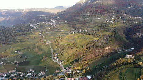 Aerial-Drone-Over-the-Vineyards-and-a-small-Valley-with-a-Church-in-the-center-in-Autumn-in-South-Tyrol