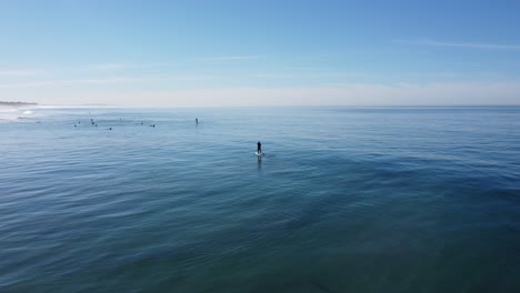Eine-Wunderschöne-Luftdrohnenaufnahme,-Drohne,-Die-Einen-Mann-Verfolgt,-Der-Mit-Seinem-Sup-Board-Im-Meer-In-Der-Nähe-Des-Strandes-Paddelt,-Carlsbad-State-Beach---Kalifornien