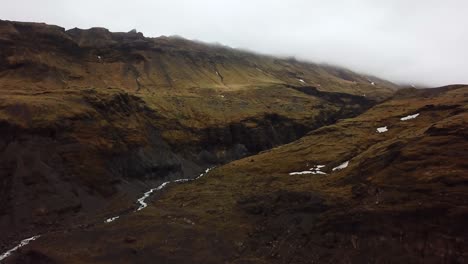 Aerial-landscape-view-of-water-flowing-in-a-valley-from-Sólheimajökull-glacier,-Iceland,-in-summer