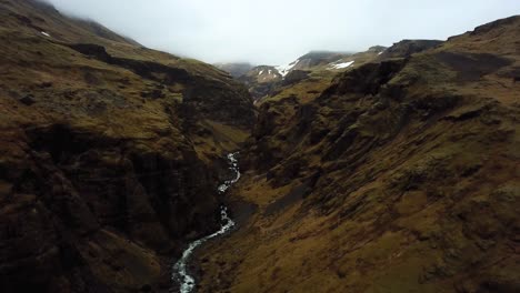 Aerial-landscape-view-of-water-flowing-in-a-mountain-valley-from-Sólheimajökull-glacier,-Iceland,-in-summer