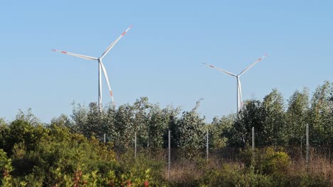 Wind-turbines-in-countryside,-handheld-shot.