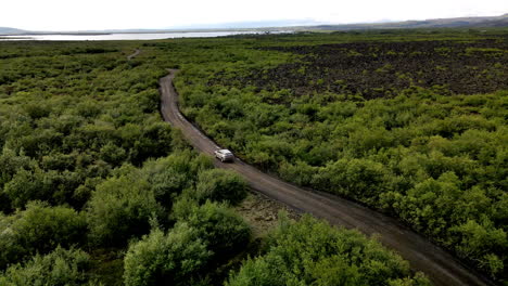Toma-Aérea-De-Seguimiento-De-Un-Automóvil-Siguiendo-El-Camino-De-Grava-Entre-Los-árboles-Verdes-En-Islandia