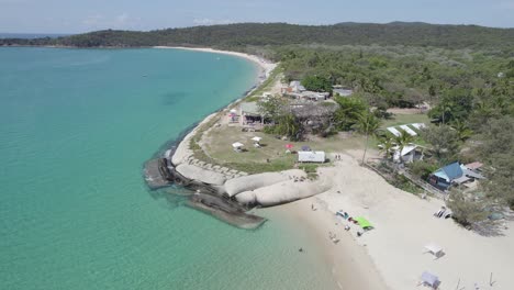 Turquoise-Ocean-At-Fisherman-Beach-In-Great-Keppel-Island,-Queensland,-Australia---aerial-drone-shot
