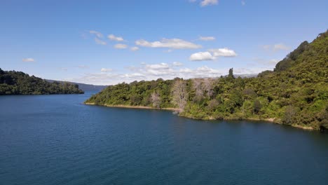 Drone-footage-approaching-overgrown-peninsula-at-Lake-Tarawera,-NZ