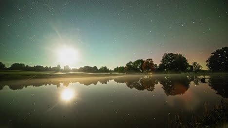 Time-lapse-of-setting-sun-and-stars-in-starry-sky-reflecting-over-lake-water-surface-at-sunset