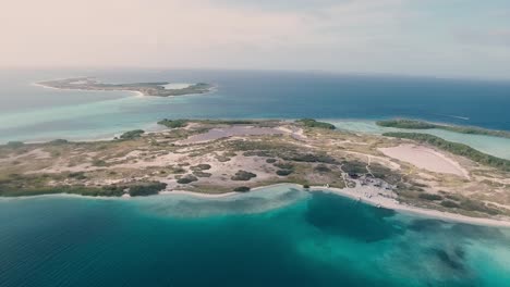 Aerial-view-pan-right-a-paradise-tropical-island-surrounded-crystal-caribbean-sea-and-coral-reef,-Los-Roques
