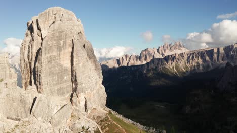 Aerial-circling-Cinque-Torri-mountain-and-Croda-da-Lago-in-background
