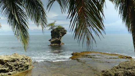 Steile-Felsige-Tropische-Insel,-Umrahmt-Von-Palmblättern