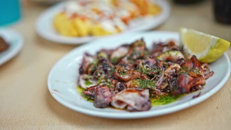 Close-up-on-squid-with-oil-and-parsley,-typical-Spanish-dish-part-of-the-tapas-kind-of-food