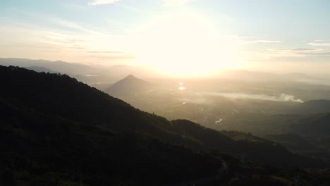 Serene-landscape-of-Vietnamese-highlands-during-spectacular-sunrise,-aerial-view